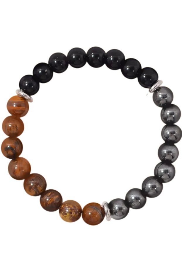 19cm Yellow Tiger Eye Triple Protection Bracelet:Tiger Eye, Black Obsidian, & Hematite 8mm Round Pro