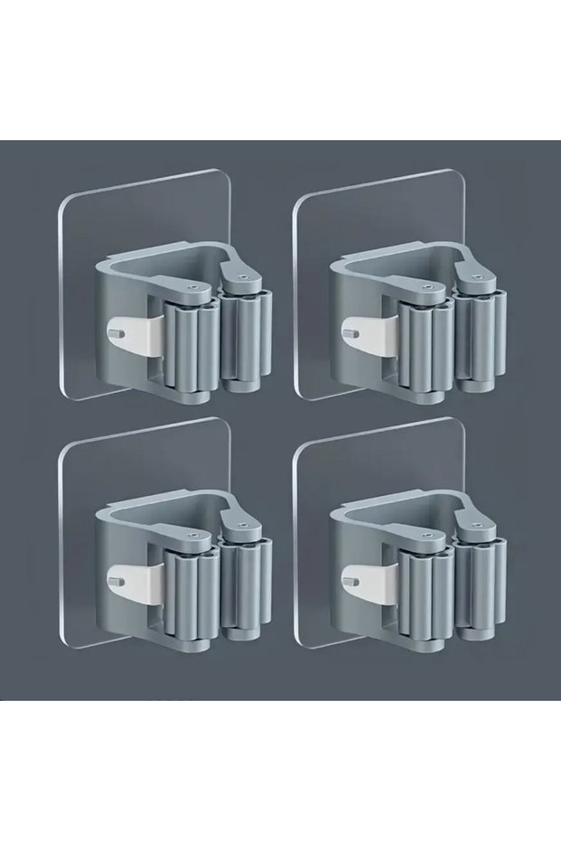 GRAY 4PCS Non-Punching Mop Holder, Mop Clip, Bathroom Rack, Powerful Mop Hook