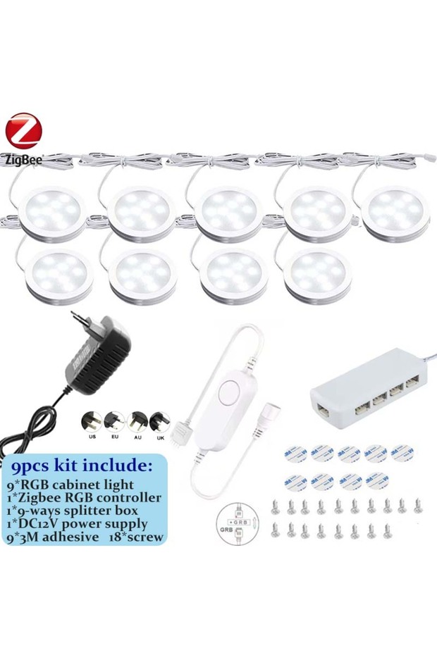 EU Plug 9pcs RGB Kit DC12V Tuya Zigbee LED Round Under Cabinet Light Kit RGB Color Change Dimming fo