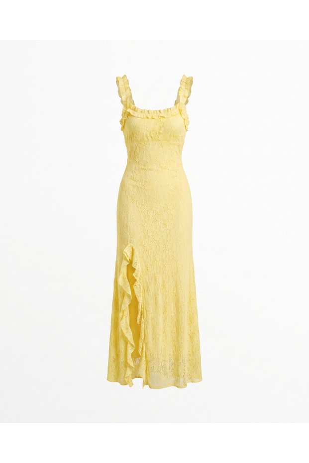 Yellow Ruffled Slit Lace Dress