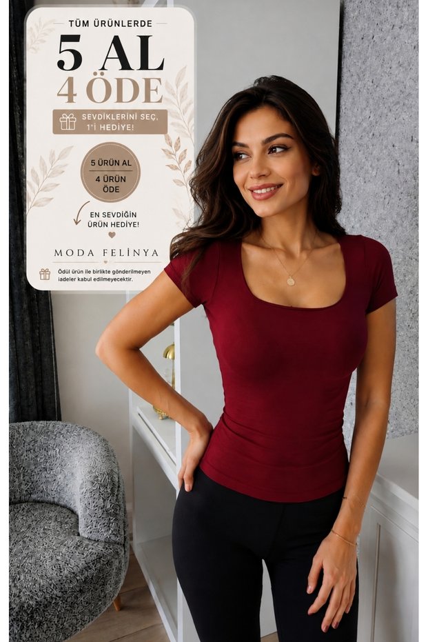 Women's Short Sleeve Square Neck Burgundy Color Buzzy Modal Fabric Body T-Shirt Bluz