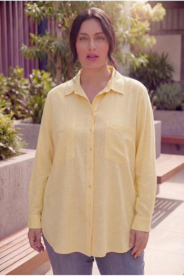 Women's Plus Size Shirt with Pocket Embroidery Detail Yellow