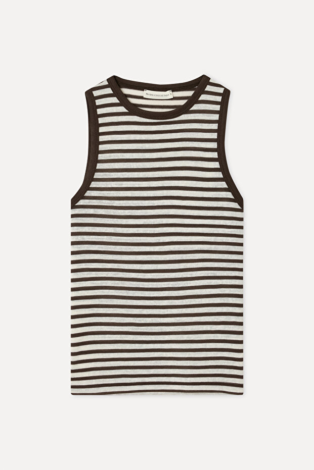 Women's Brown Fitted Striped Crew Neck Sleeveless T-Shirt