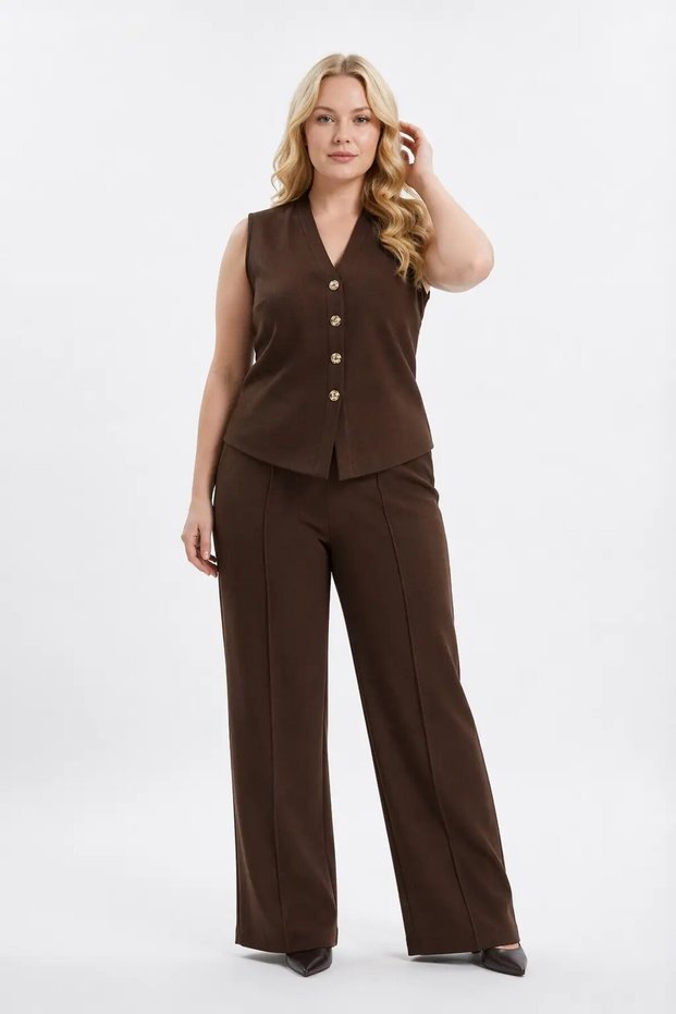 Women's Brown Plus Size V-Neck Vest Pants Two-Piece Set Hzl26S-Pr12131