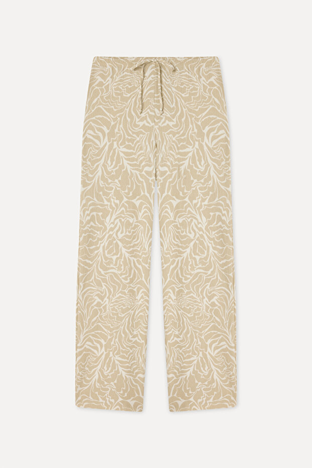 Women's Beige Patterned Wide Leg Trousers with Tie Waist