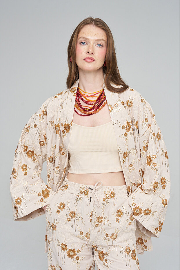 Women's Ethnic Floral Embroidered and Sequin Embellished Kimono