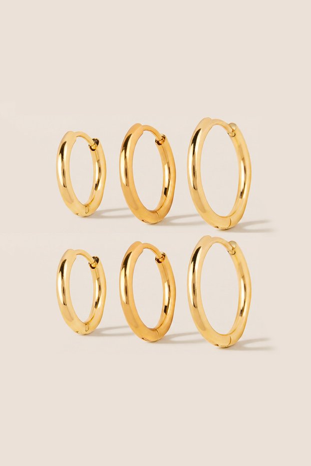 Gold Color Steel 10-12-14 mm 6-Piece Hoop Earrings 2 mm
