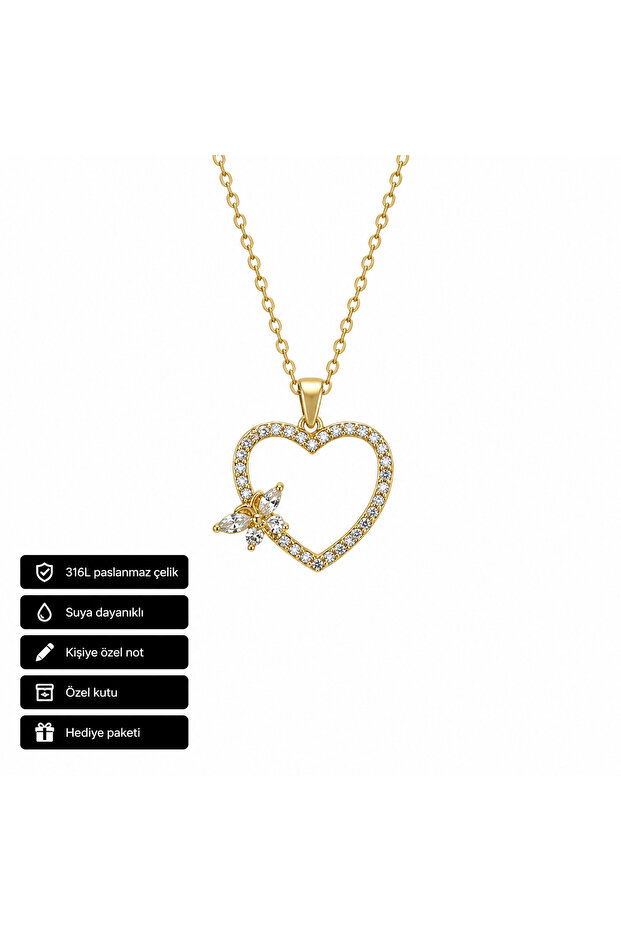 Heart Design Gold Color 316L Steel Stone Necklace Gift Option