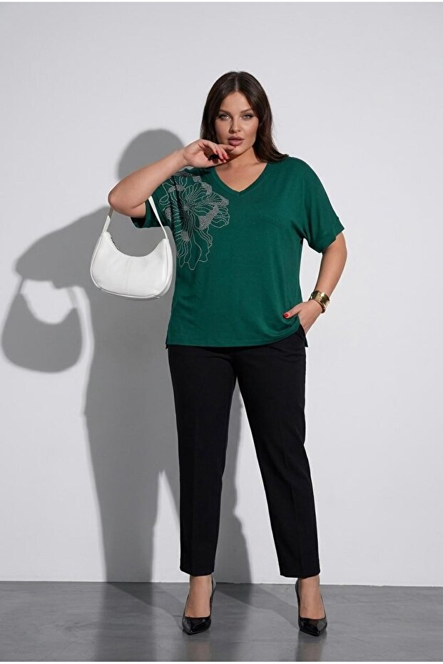 Women's Plus Size Short Sleeve V-Neck Stone Printed Viscose Blouse 2041-26