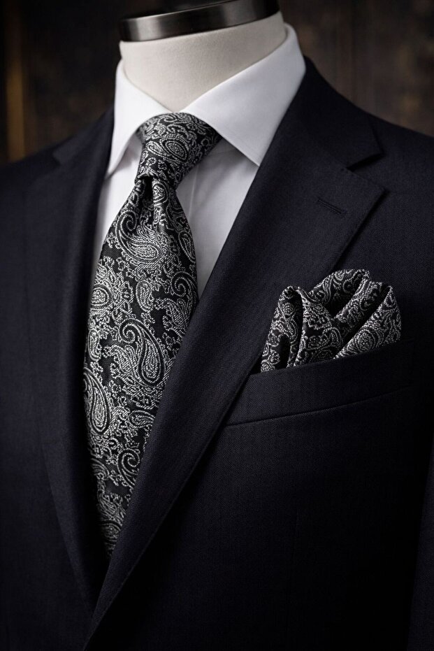 Men's Black and White Shawl Pattern Tie Handkerchief
