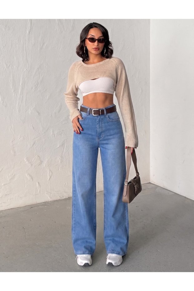 Belted Detail Flexible/Lycra Loose-Leg Denim Trousers