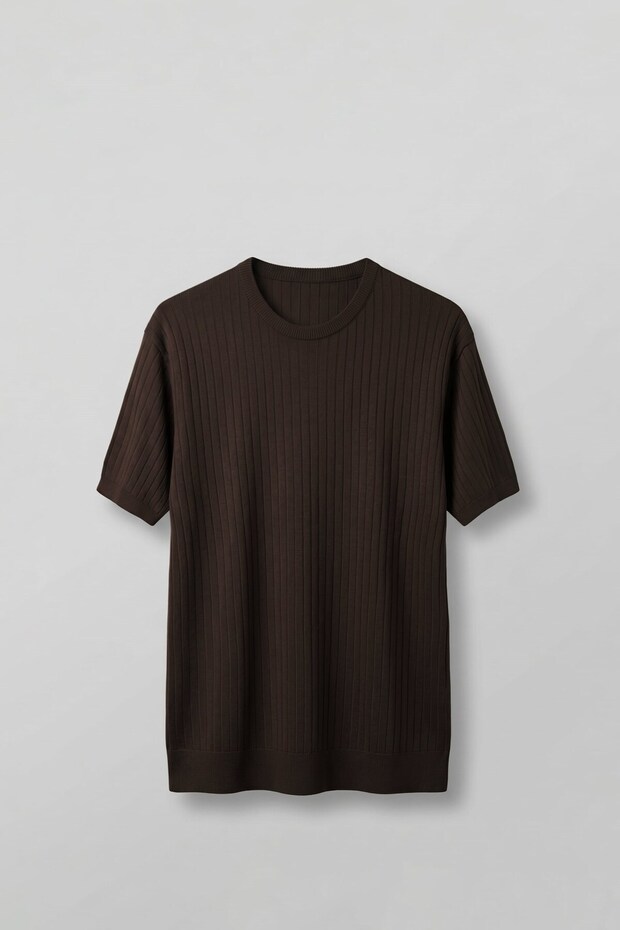 Men's Regular Fit Ribbed Knit Crew Neck T-Shirt Brown