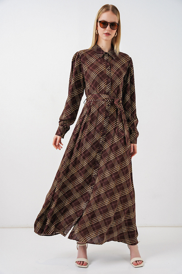 Women's Buttoned Long Hijab Dress 2588 - Brown
