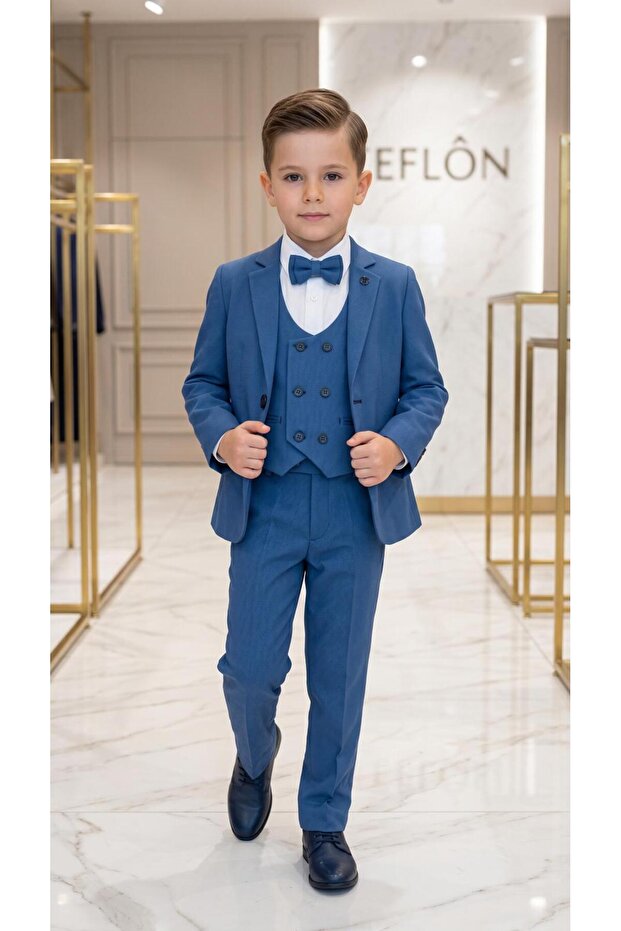 Boy's Tuxedo Suit with Ponterizli Jacket / Jacket, Pants, Vest, Shirt and Bow Tie