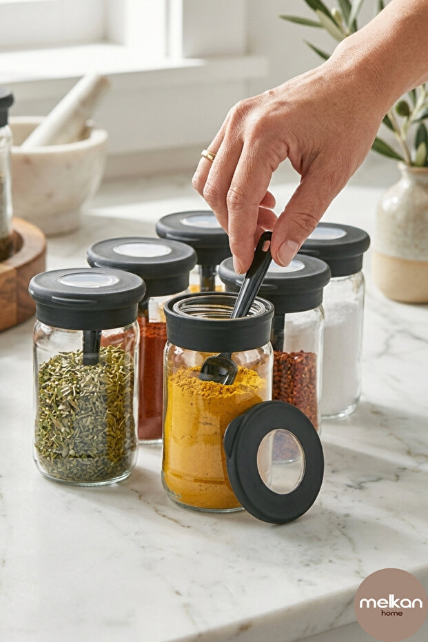 Glass Spice Jar Set with Spoons, 6 Pieces – 380 ml Spice Jar Set with Lids 7X7X12.6 cm