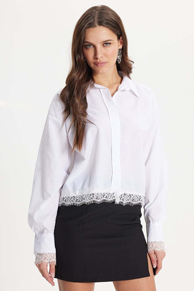 Women's Regular Fit Classic Cut Lace Detailed Cotton Plain White Shirt