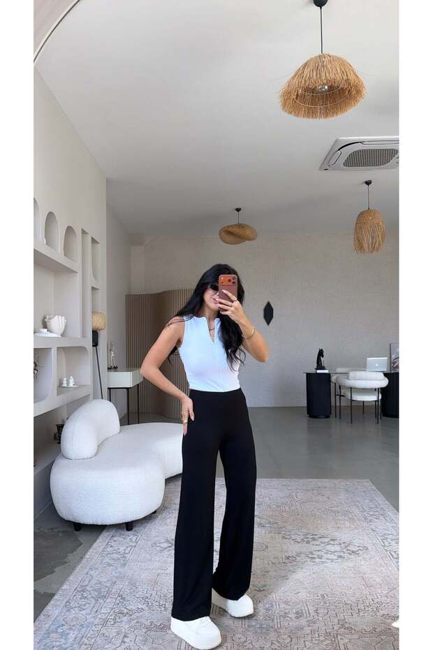 بنطلون مريح من القطن المضلع باللون الأسود