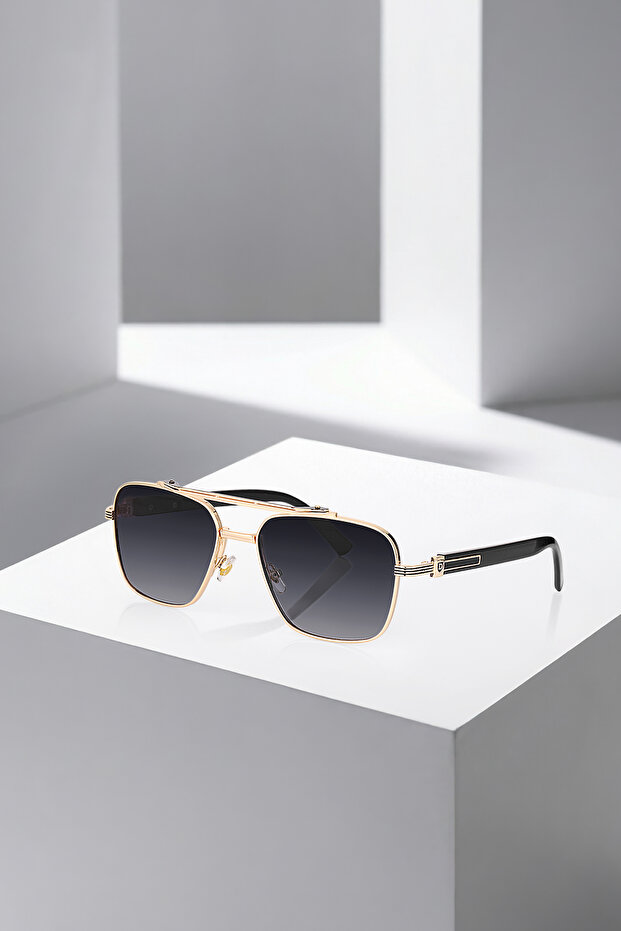 Uv400 Protection Metal Frame Gradient Glass Men's Sunglasses Black Gold Color Plg-2120C4