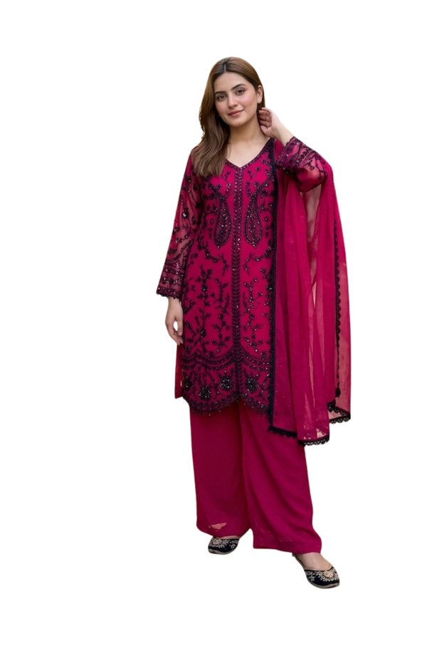 Magenta Faux Georgette Top Bottom & Dupatta Set - HRT7958 | Magenta
