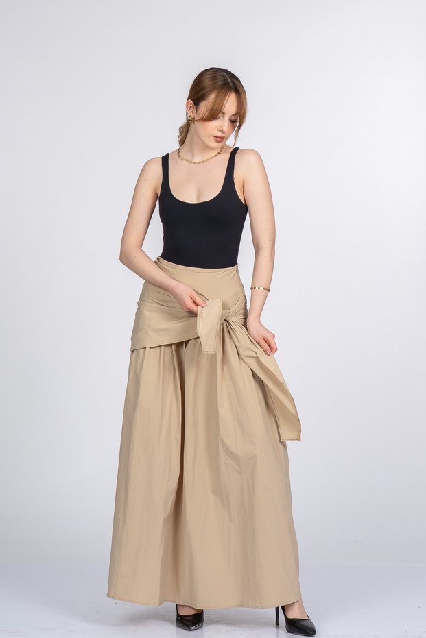 Women's Summer Beige Alora Parachute Fabric Skirt with Tie Detail Stylish Daily Comfortable 6894