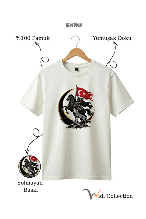 100% Cotton Regular Fit Unisex T-Shirt with Turkish Flag, Horse Warrior, Bozkurt and Wolf Figures