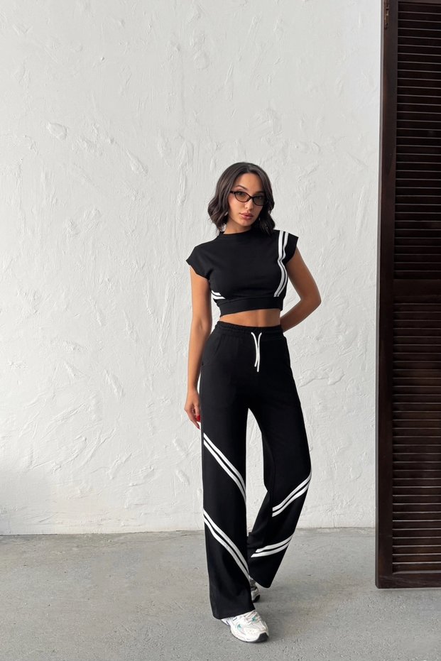 Women's Black Stripe Detailed Crop Blouse High Waist Wide Leg Pants Bottom Top Two-Piece Set