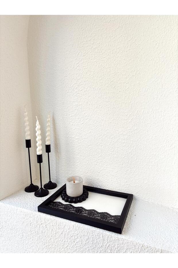 Modern Black Wooden Tray with Lace Detail 34X24 cm | Decorative Presentation Stand & Board