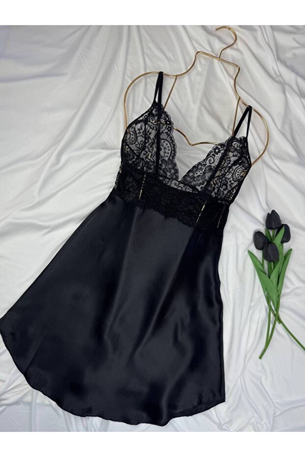 Silky Textured Satin Strap Dress Nightgown