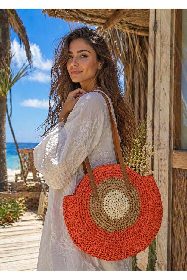 Pomegranate Flower Leather Strap Round Hand Knitted Straw Women's Bag 42X42 cm