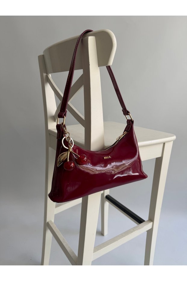 Patent Leather Baguette Model Women's Hand and Shoulder Bag Burgundy Cherry Red (Cherry Gift)