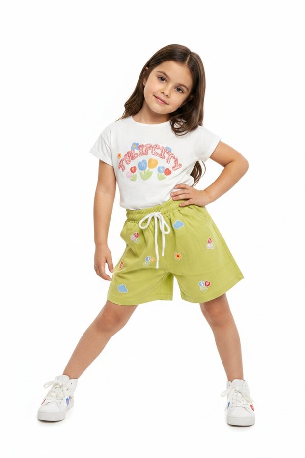 Girl's 2-Piece Shorts Set Crew Neck Short Sleeve Printed T-Shirt Tie-Waist Printed