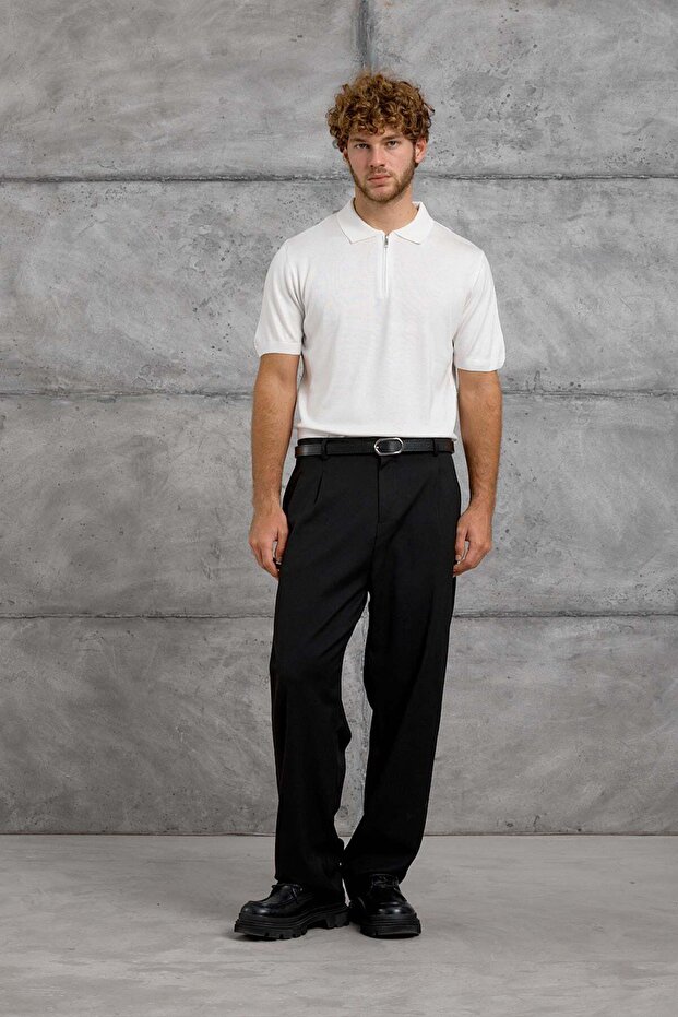 Men's T-Shirt Dp Zippered Polo White Zippered Slim Fit Polo Collar Knitwear