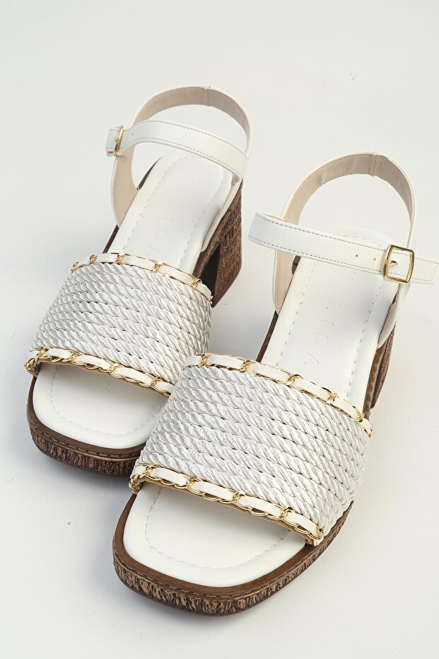 Women's White Gold Chain Detailed Platform Thick Heeled Stylish Sandals