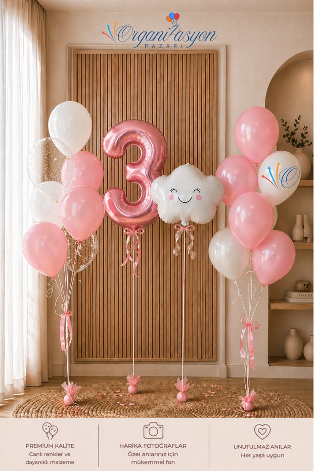 3 Year Old Birthday Balloon Set |   Pink Girl Concept |   Folyo Rakam Bulut |   Birthday Special Day Decoration