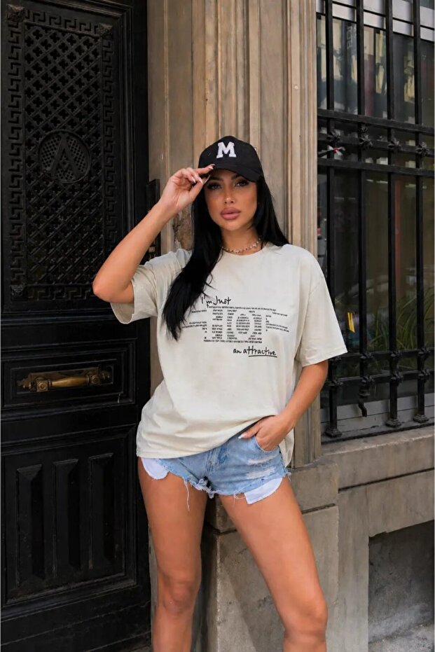 Beige Text Printed Oversize Combed Cotton T-Shirt – “I’M Just an Attractive Introvert” Design