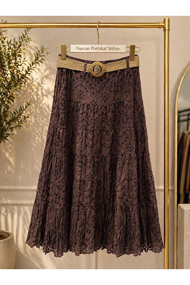 Bitter Brown Brode Lace Detailed Long Skirt – Bohemian Chic with Straw Belt