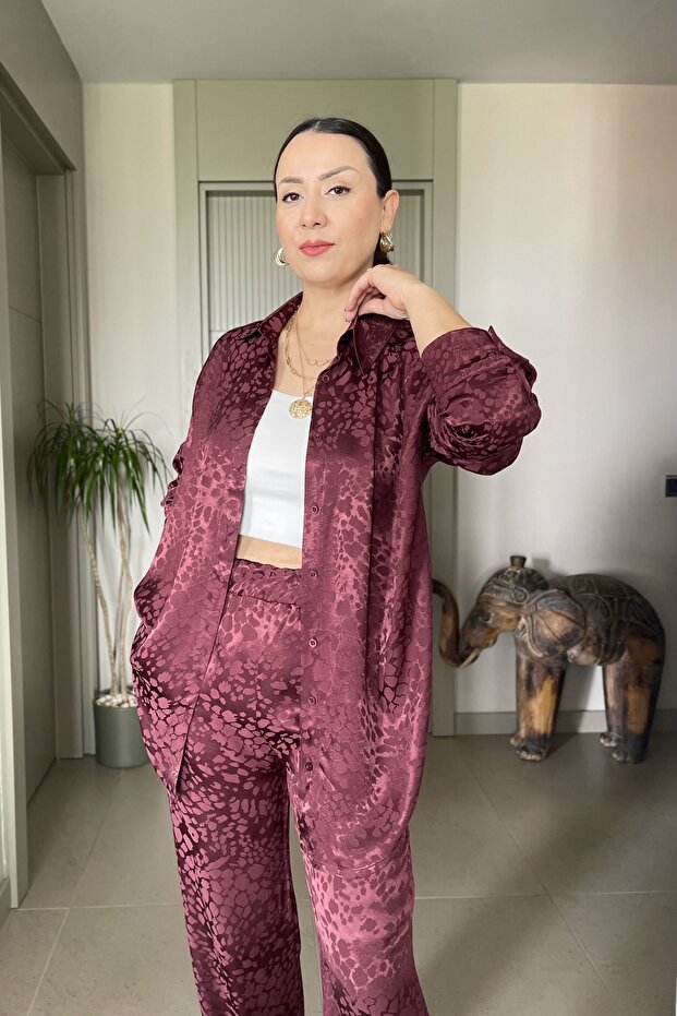Leopard Patterned Satin Shirt Pants Tiril Set