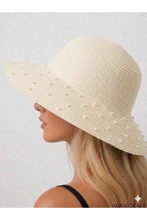 Handcrafted Pearl-Embellished Stoned Wide-Brimmed Straw Hat Luxury Design Summer Beach Premium Elegant Sunscreen Internally Adjustable Uv-Proof