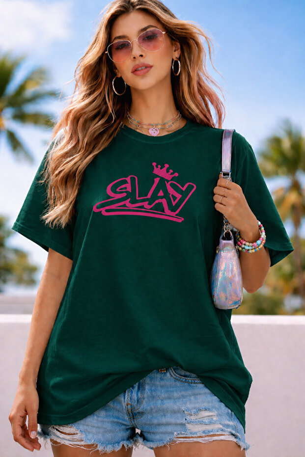 Slay Text Printed Unisex Oversize T-Shirt – Cotton Crew Neck Casual T-Shirt