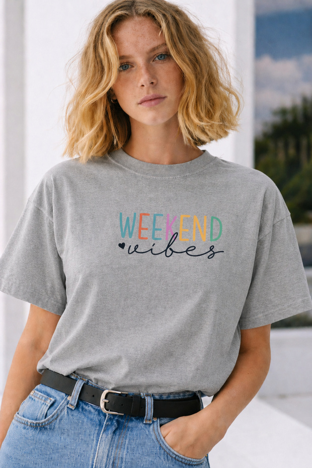 Weekend Vibes Text Printed Unisex Oversize T-Shirt – Cotton Crew Neck Casual T-Shirt