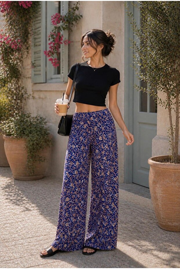 Woven Viscose Trousers with Wide Legs and Patterned Design