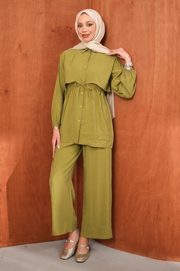 Oil Green Waist-Tie Tunic and Trousers Set