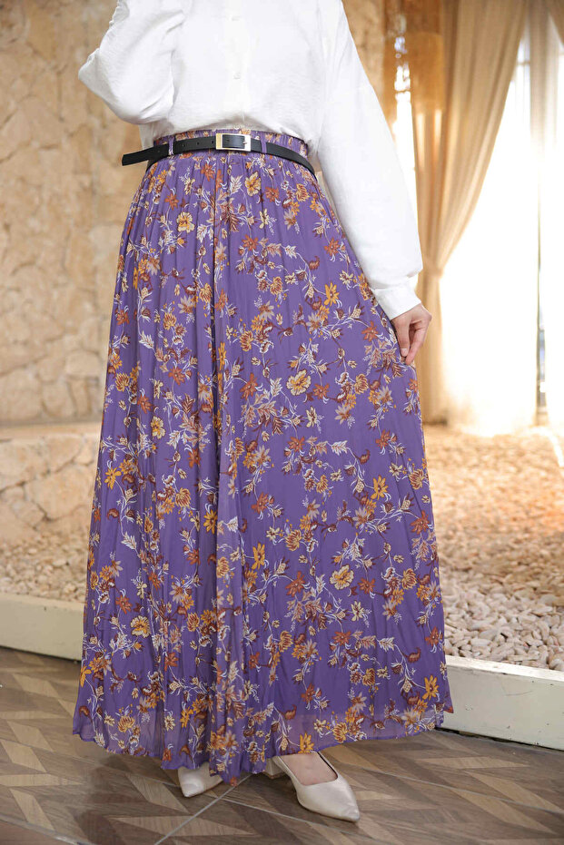 Purple Elastic Waist Patterned Chiffon Skirt