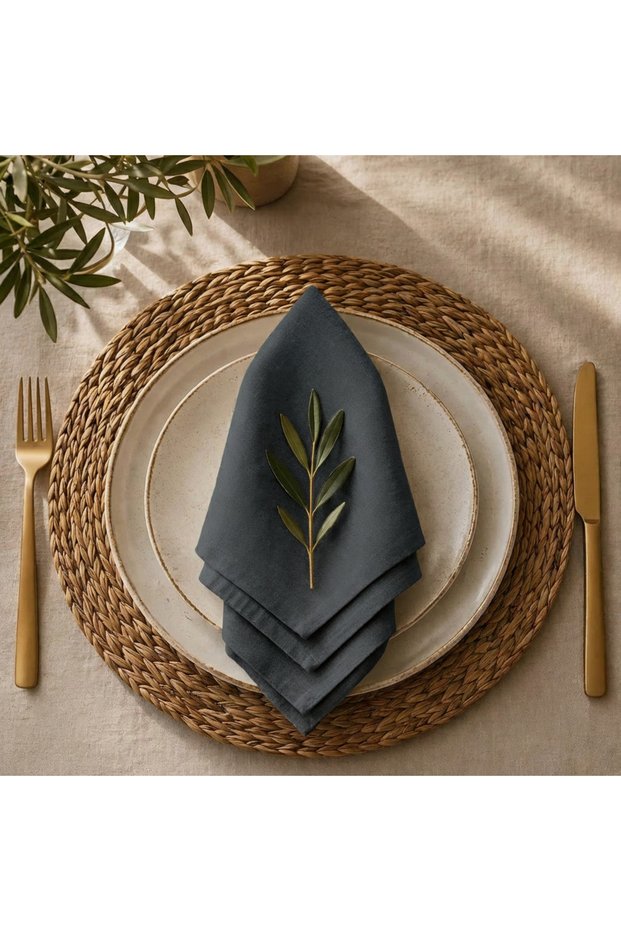 American Service, Set of 6 Special Stitched Duck Linen Fabric Napkins Anthracite Color