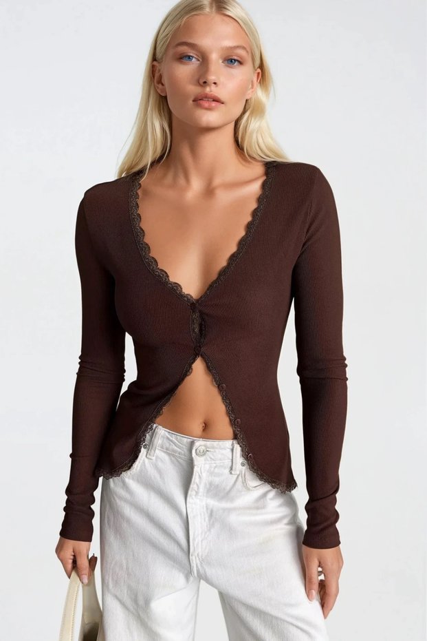Women's Brown Lace Detailed Buttoned Ribbed Relaxed Cut Blouse