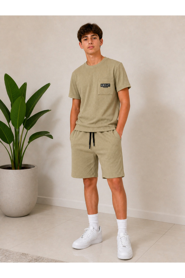 Maskot 34805-26 Men's Shorts Set Summer Comfortable Fit Pocket T-Shirt + Elastic Shorts Combination