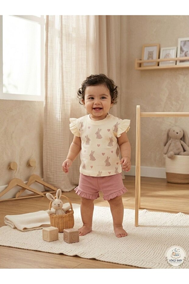 Baby Rabbit Patterned Ruffled Ribbed Set - 2-Piece Summer Set - 2