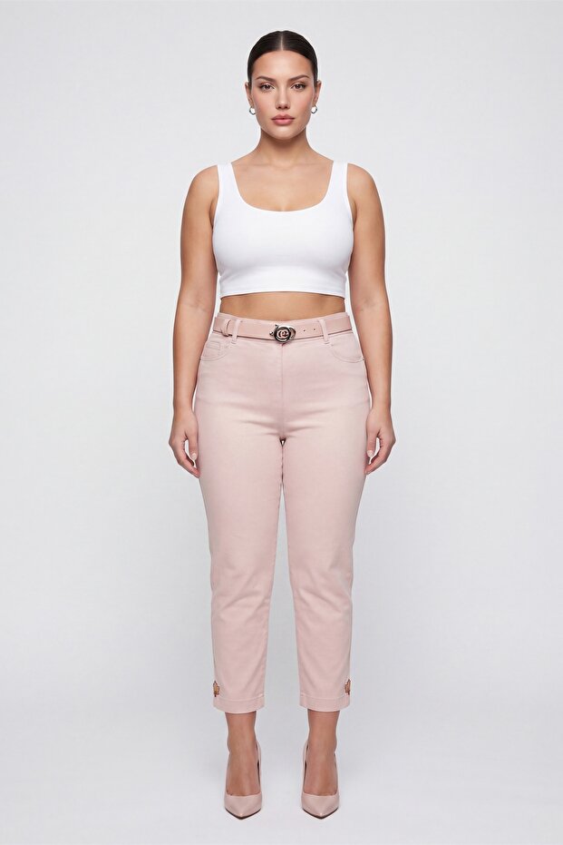 Women's Powder Summer Slim Pants with Belt and Embroidery Detail