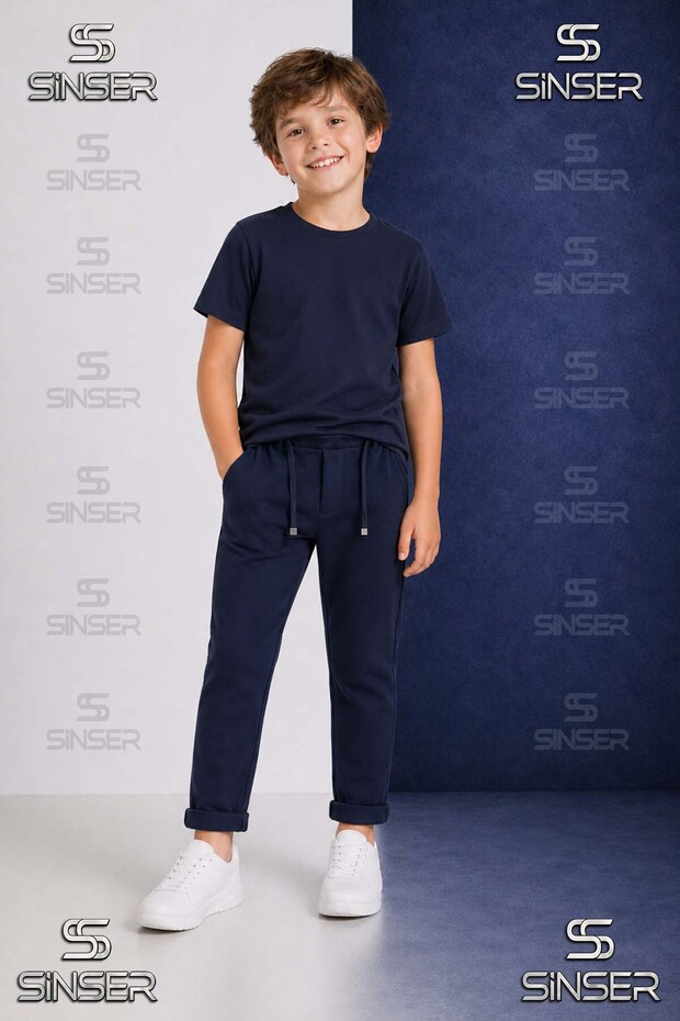 Boys' Plain Trousers with Elastic Waist Lycra Folded Cuffs Style 6.Mdl