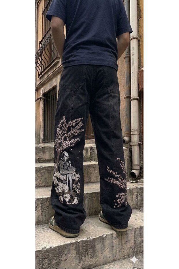 Harajuku Samurai Sakura Flower Embroidered Y2K Unisex Baggy Pants